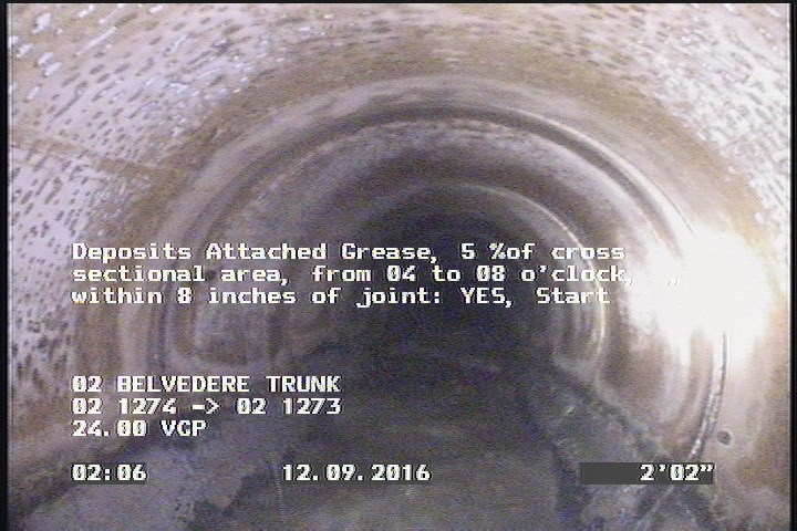 Deposits Attached Grease, 5 %of cross sectional area, from 04 to 08 o'clock, , within 8 inches of joint: YES, Start