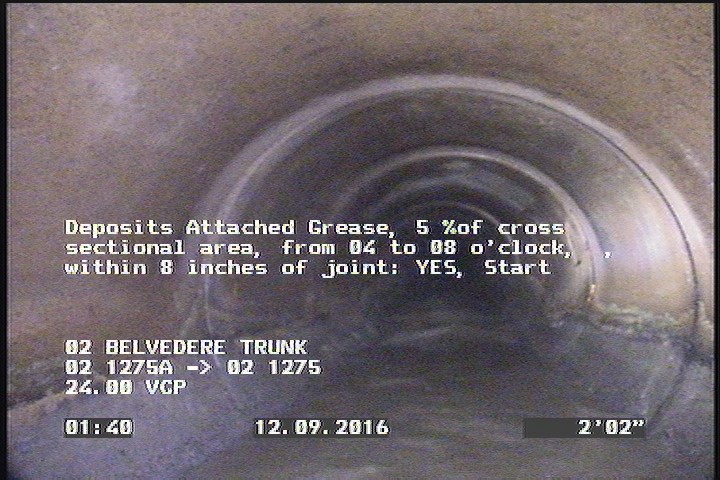 Deposits Attached Grease, 5 %of cross sectional area, from 04 to 08 o'clock, , within 8 inches of joint: YES, Start