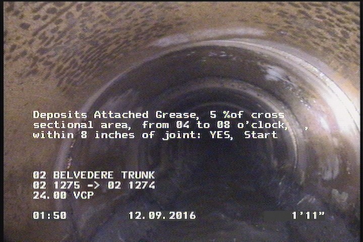 Deposits Attached Grease, 5 %of cross sectional area, from 04 to 08 o'clock, , within 8 inches of joint: YES, Start