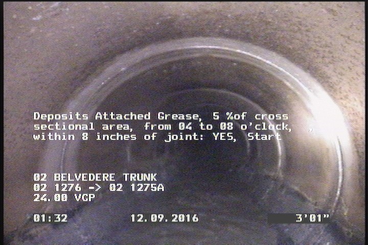 Deposits Attached Grease, 5 %of cross sectional area, from 04 to 08 o'clock, , within 8 inches of joint: YES, Start