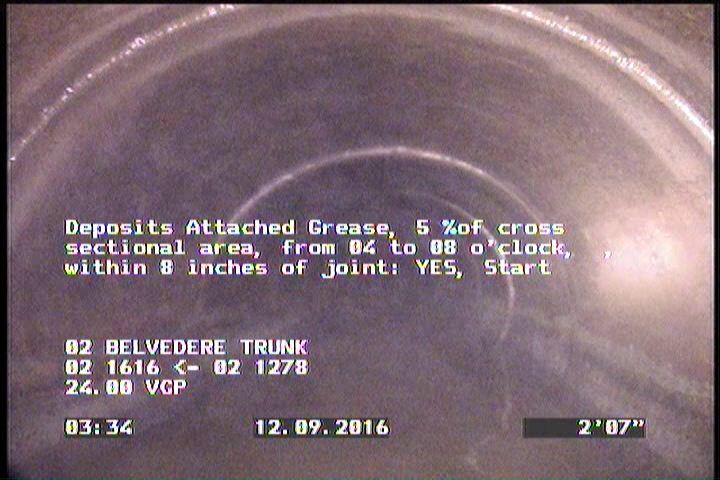 Deposits Attached Grease, 5 %of cross sectional area, from 04 to 08 o'clock, , within 8 inches of joint: YES, Start