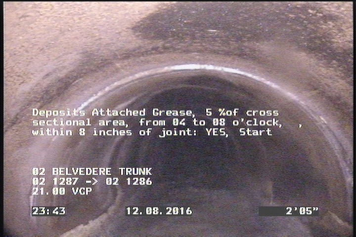 Deposits Attached Grease, 5 %of cross sectional area, from 04 to 08 o'clock, , within 8 inches of joint: YES, Start