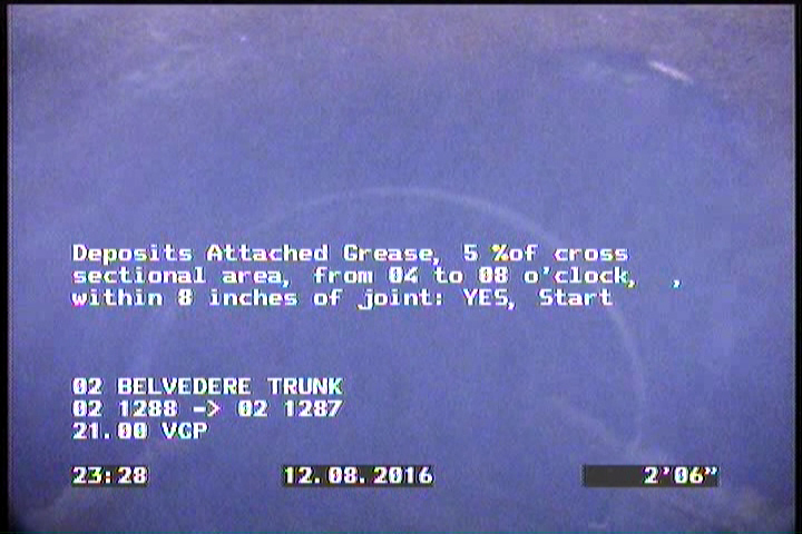 Deposits Attached Grease, 5 %of cross sectional area, from 04 to 08 o'clock, , within 8 inches of joint: YES, Start
