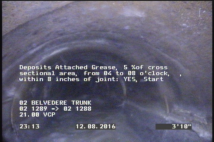 Deposits Attached Grease, 5 %of cross sectional area, from 04 to 08 o'clock, , within 8 inches of joint: YES, Start