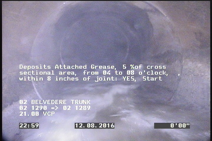 Deposits Attached Grease, 5 %of cross sectional area, from 04 to 08 o'clock, , within 8 inches of joint: YES, Start