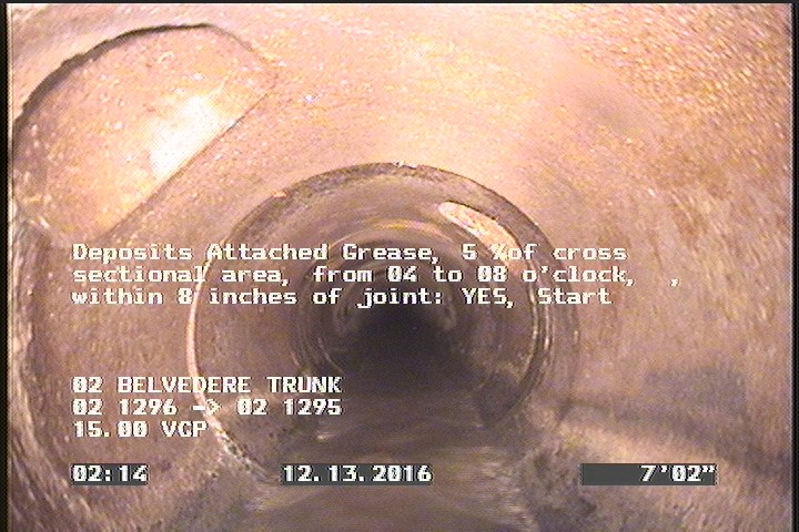 Deposits Attached Grease, 5 %of cross sectional area, from 04 to 08 o'clock, , within 8 inches of joint: YES, Start