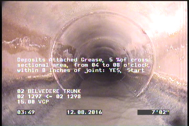 Deposits Attached Grease, 5 %of cross sectional area, from 04 to 08 o'clock, , within 8 inches of joint: YES, Start