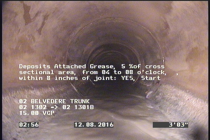 Deposits Attached Grease, 5 %of cross sectional area, from 04 to 08 o'clock, , within 8 inches of joint: YES, Start