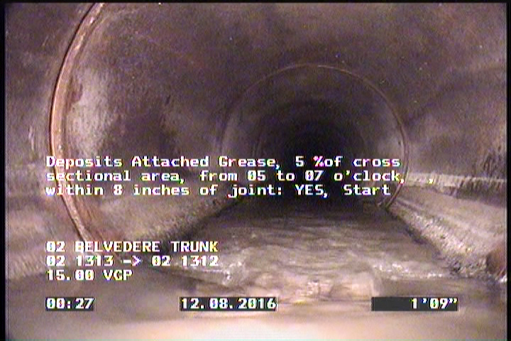 Deposits Attached Grease, 5 %of cross sectional area, from 05 to 07 o'clock, , within 8 inches of joint: YES, Start