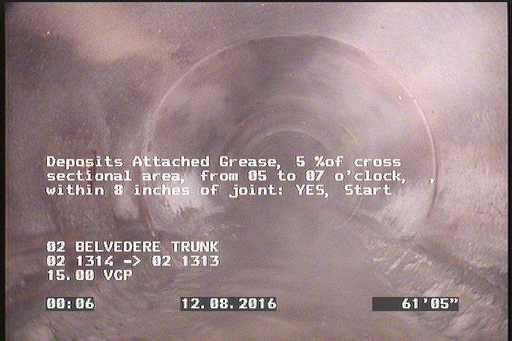 Deposits Attached Grease, 5 %of cross sectional area, from 05 to 07 o'clock, , within 8 inches of joint: YES, Start