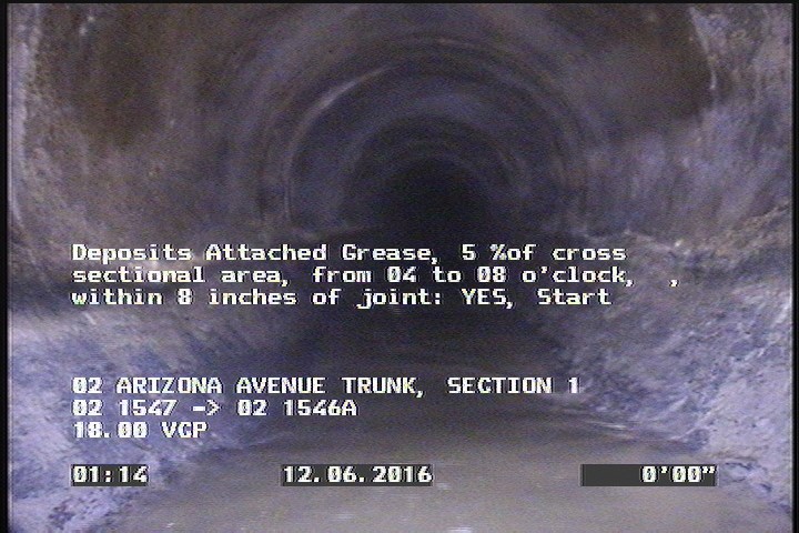 Deposits Attached Grease, 5 %of cross sectional area, from 04 to 08 o'clock, , within 8 inches of joint: YES, Start
