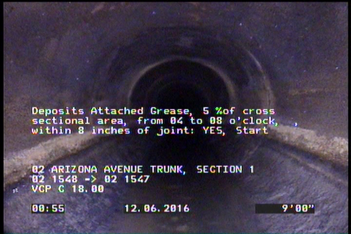 Deposits Attached Grease, 5 %of cross sectional area, from 04 to 08 o'clock, , within 8 inches of joint: YES, Start