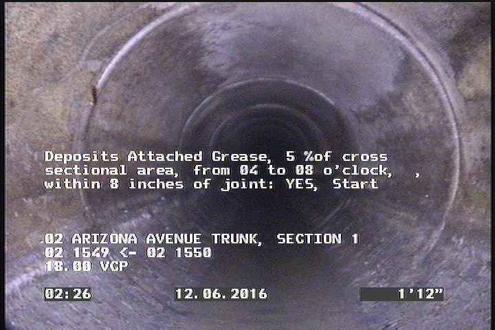 Deposits Attached Grease, 5 %of cross sectional area, from 04 to 08 o'clock, , within 8 inches of joint: YES, Start