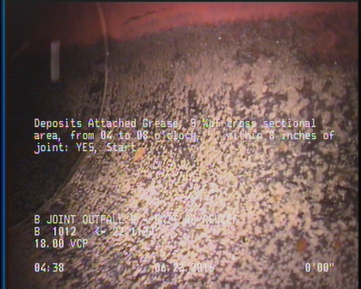 Deposits Attached Grease, 5 %of cross sectional area, from 04 to 08 o'clock, , within 8 inches of joint: YES, Start