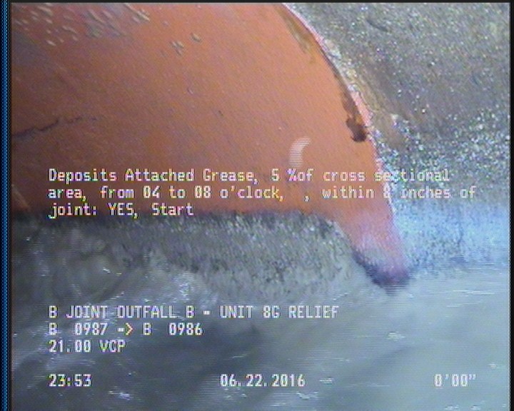 Deposits Attached Grease, 5 %of cross sectional area, from 04 to 08 o'clock, , within 8 inches of joint: YES, Start