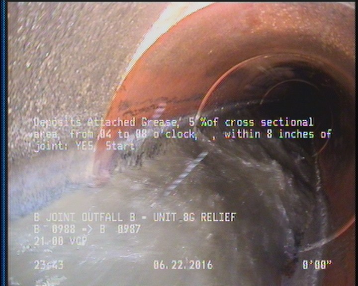 Deposits Attached Grease, 5 %of cross sectional area, from 04 to 08 o'clock, , within 8 inches of joint: YES, Start
