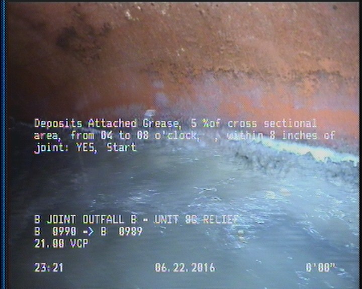 Deposits Attached Grease, 5 %of cross sectional area, from 04 to 08 o'clock, , within 8 inches of joint: YES, Start