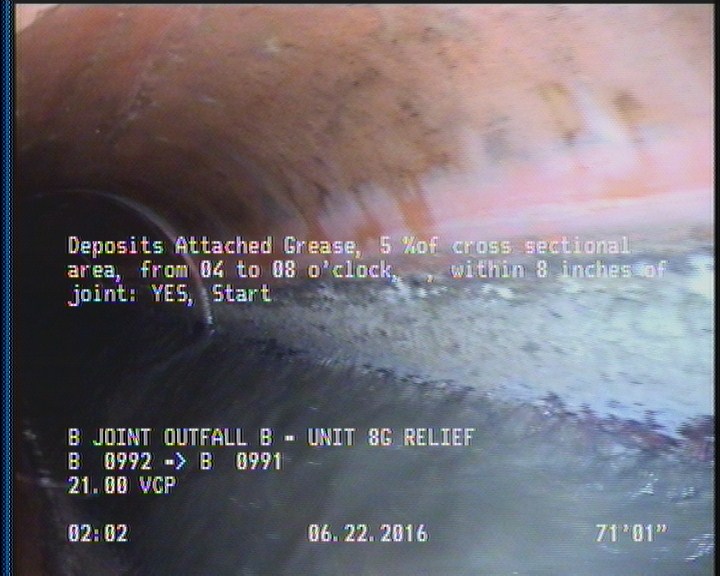 Deposits Attached Grease, 5 %of cross sectional area, from 04 to 08 o'clock, , within 8 inches of joint: YES, Start