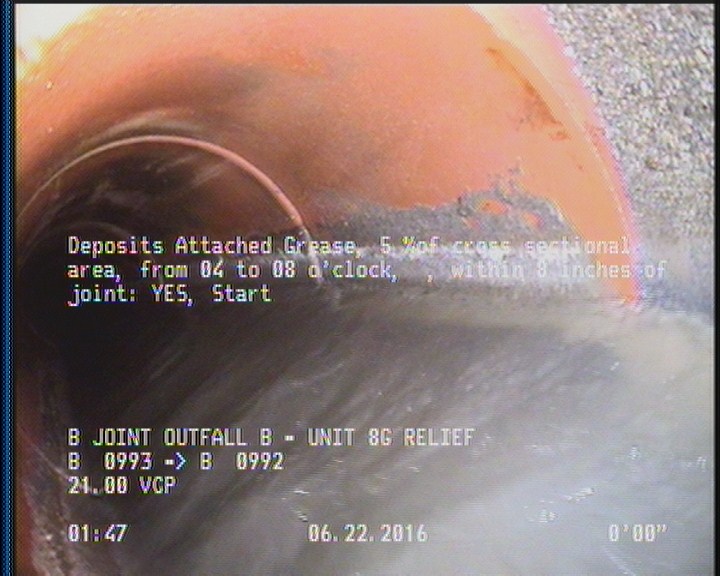 Deposits Attached Grease, 5 %of cross sectional area, from 04 to 08 o'clock, , within 8 inches of joint: YES, Start