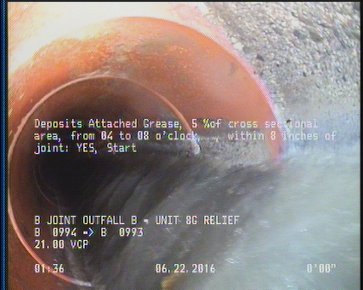 Deposits Attached Grease, 5 %of cross sectional area, from 04 to 08 o'clock, , within 8 inches of joint: YES, Start