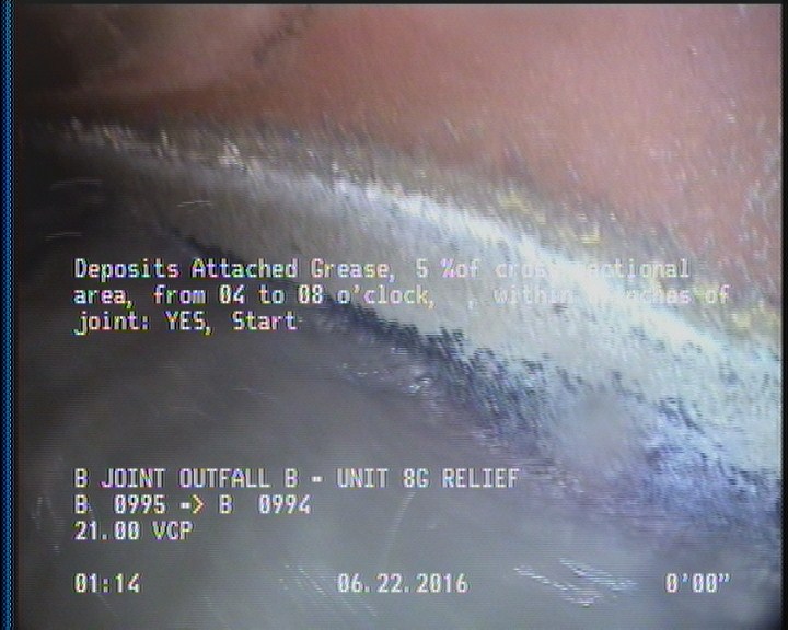 Deposits Attached Grease, 5 %of cross sectional area, from 04 to 08 o'clock, , within 8 inches of joint: YES, Start