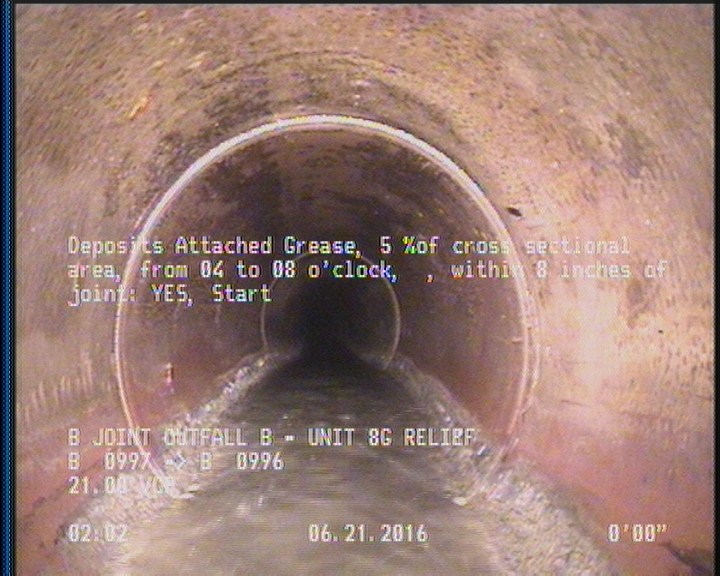 Deposits Attached Grease, 5 %of cross sectional area, from 04 to 08 o'clock, , within 8 inches of joint: YES, Start