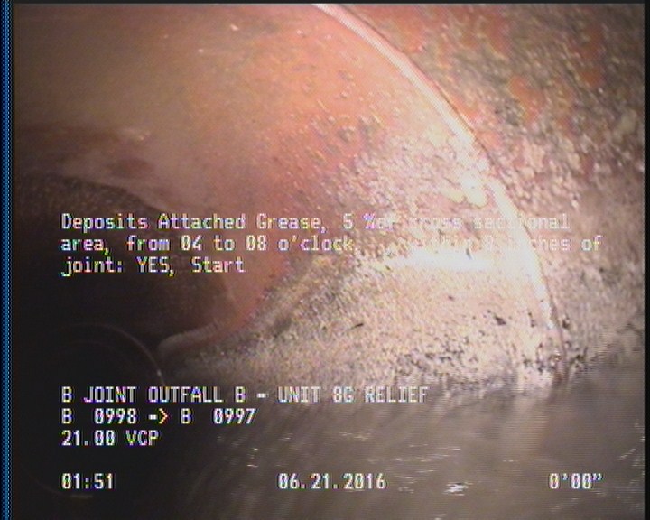 Deposits Attached Grease, 5 %of cross sectional area, from 04 to 08 o'clock, , within 8 inches of joint: YES, Start