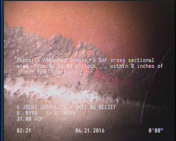 Deposits Attached Grease, 5 %of cross sectional area, from 04 to 08 o'clock, , within 8 inches of joint: YES, Start