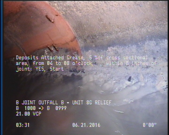Deposits Attached Grease, 5 %of cross sectional area, from 04 to 08 o'clock, , within 8 inches of joint: YES, Start