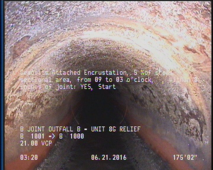 Deposits Attached Encrustation, 5 %of cross sectional area, from 09 to 03 o'clock, , within 8 inches of joint: YES, Start