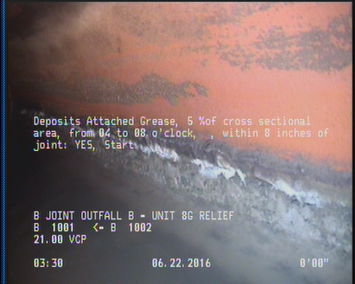 Deposits Attached Grease, 5 %of cross sectional area, from 04 to 08 o'clock, , within 8 inches of joint: YES, Start