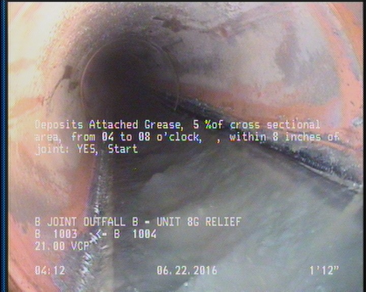 Deposits Attached Grease, 5 %of cross sectional area, from 04 to 08 o'clock, , within 8 inches of joint: YES, Start