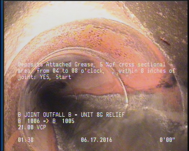 Deposits Attached Grease, 5 %of cross sectional area, from 04 to 08 o'clock, , within 8 inches of joint: YES, Start