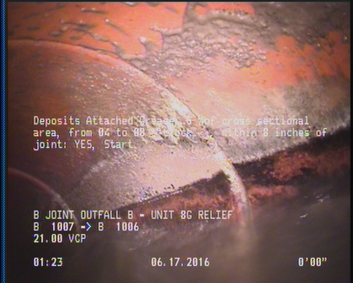 Deposits Attached Grease, 5 %of cross sectional area, from 04 to 08 o'clock, , within 8 inches of joint: YES, Start
