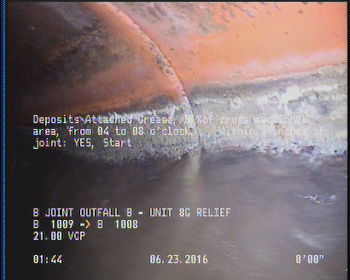 Deposits Attached Grease, 5 %of cross sectional area, from 04 to 08 o'clock, , within 8 inches of joint: YES, Start