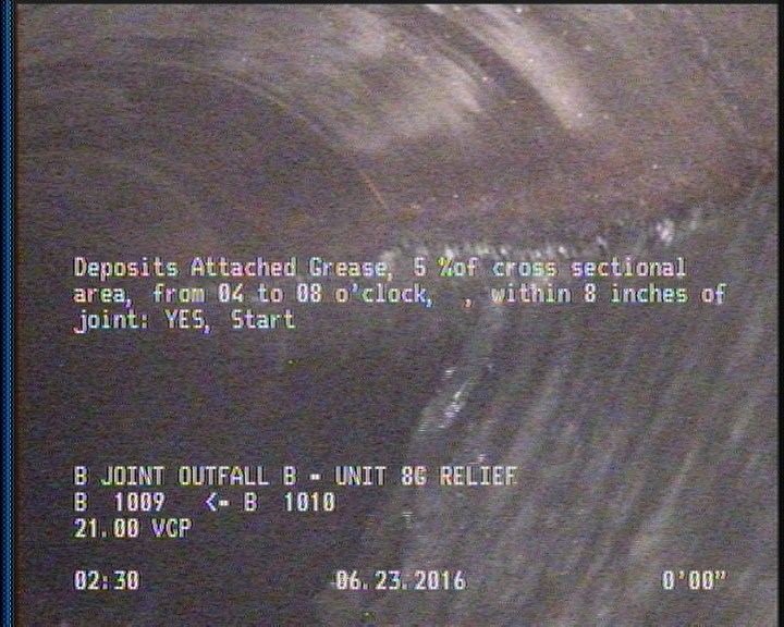 Deposits Attached Grease, 5 %of cross sectional area, from 04 to 08 o'clock, , within 8 inches of joint: YES, Start