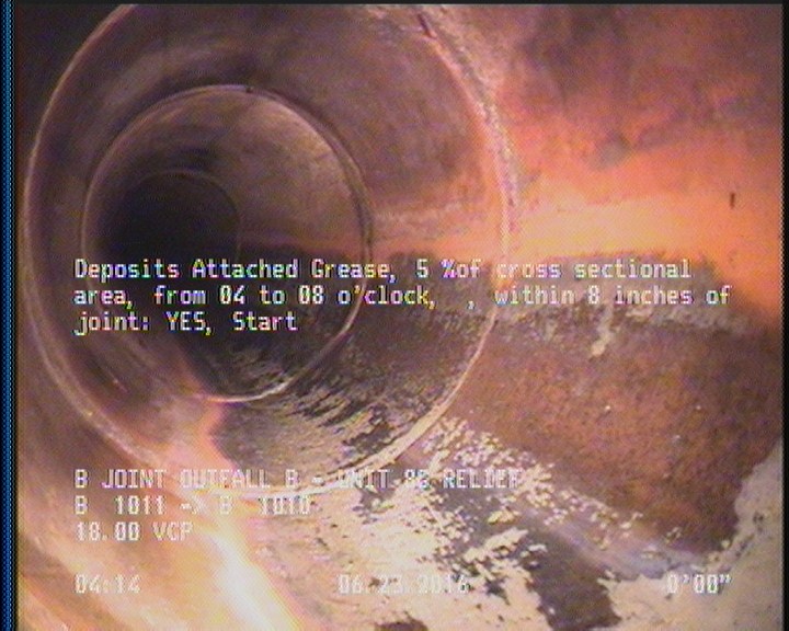 Deposits Attached Grease, 5 %of cross sectional area, from 04 to 08 o'clock, , within 8 inches of joint: YES, Start