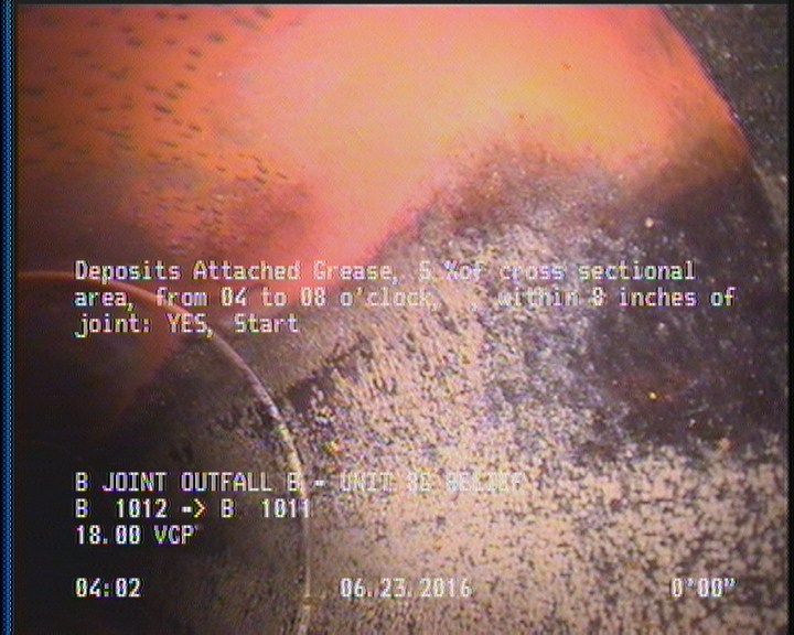 Deposits Attached Grease, 5 %of cross sectional area, from 04 to 08 o'clock, , within 8 inches of joint: YES, Start
