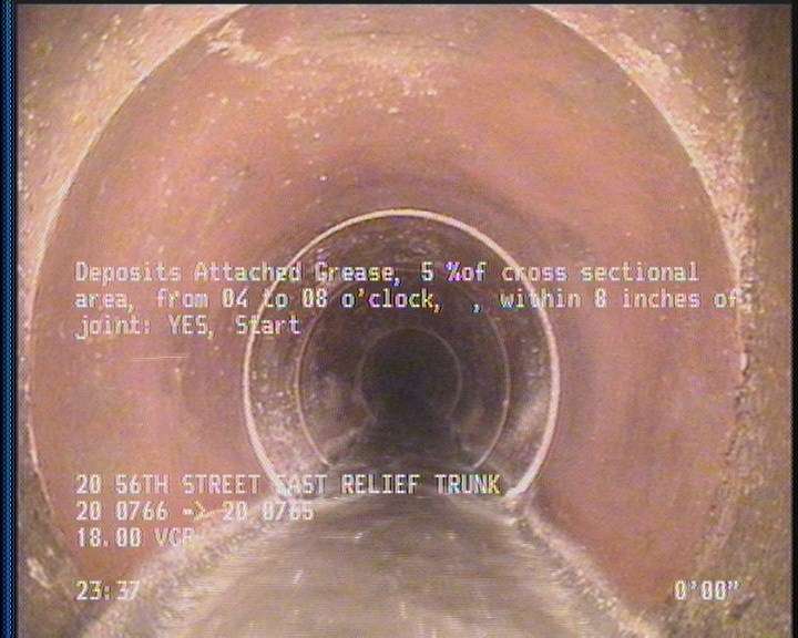 Deposits Attached Grease, 5 %of cross sectional area, from 04 to 08 o'clock, , within 8 inches of joint: YES, Start
