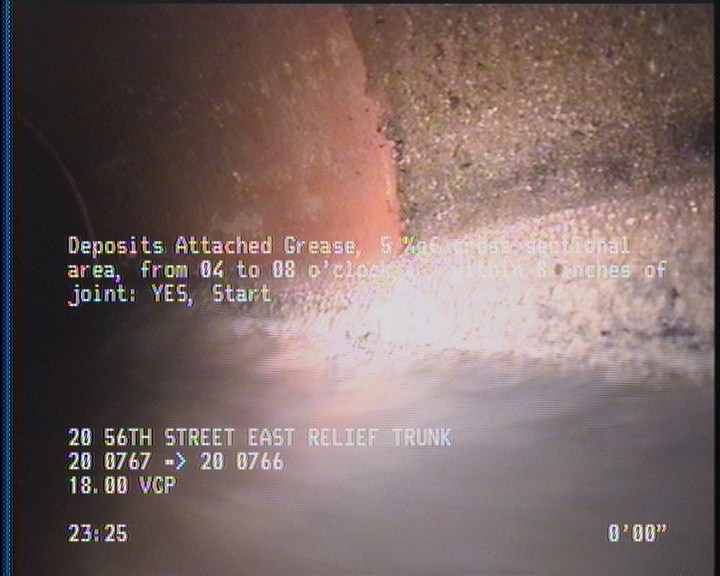Deposits Attached Grease, 5 %of cross sectional area, from 04 to 08 o'clock, , within 8 inches of joint: YES, Start