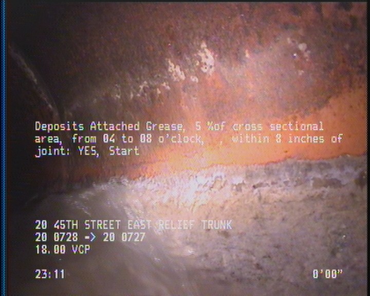 Deposits Attached Grease, 5 %of cross sectional area, from 04 to 08 o'clock, , within 8 inches of joint: YES, Start