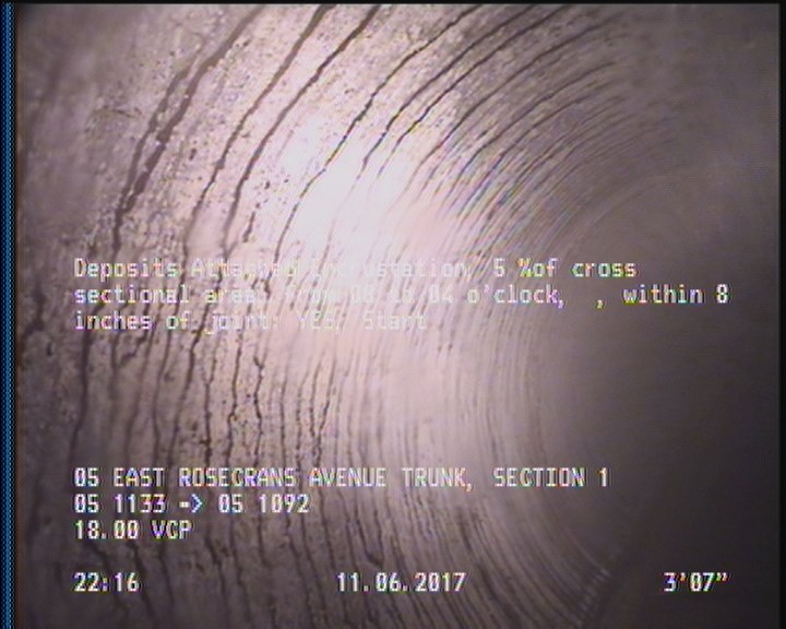 Deposits Attached Encrustation, 5 %of cross sectional area, from 08 to 04 o'clock, , within 8 inches of joint: YES, Start