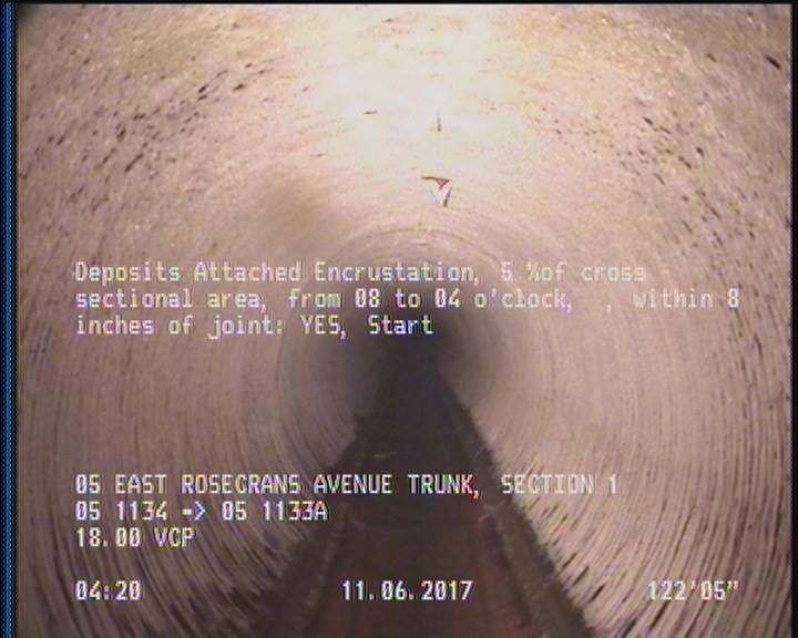 Deposits Attached Encrustation, 5 %of cross sectional area, from 08 to 04 o'clock, , within 8 inches of joint: YES, Start