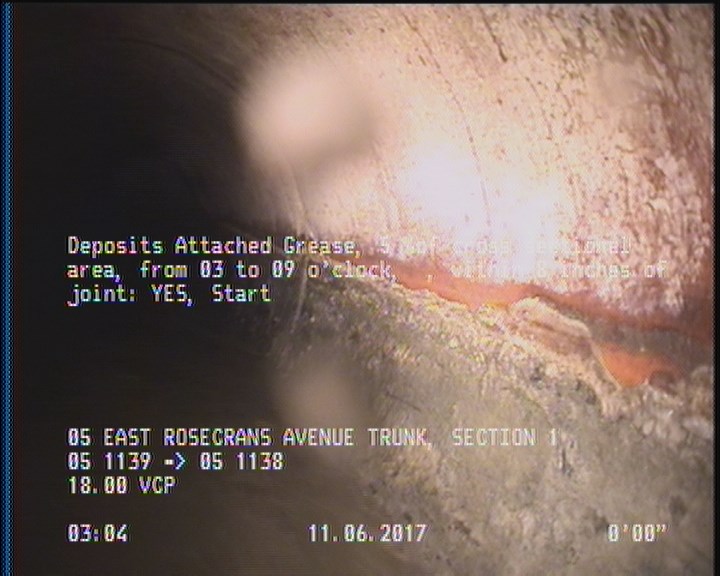 Deposits Attached Grease, 5 %of cross sectional area, from 03 to 09 o'clock, , within 8 inches of joint: YES, Start