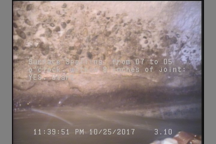 Surface Spalling, from 07 to 05 o'clock, within 8 inches of joint: YES, Start