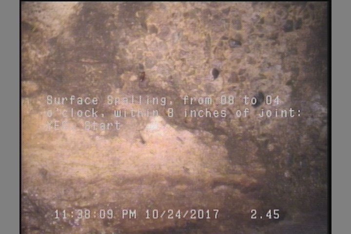 Surface Spalling, from 08 to 04 o'clock, within 8 inches of joint: YES, Start