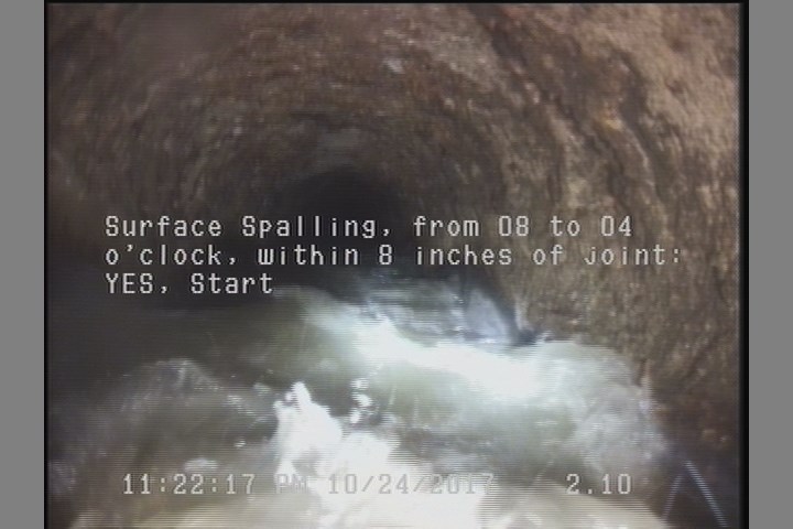 Surface Spalling, from 08 to 04 o'clock, within 8 inches of joint: YES, Start