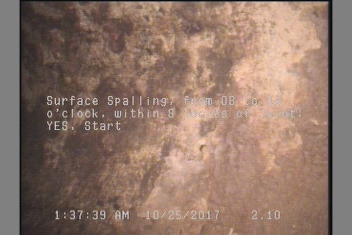 Surface Spalling, from 08 to 04 o'clock, within 8 inches of joint: YES, Start