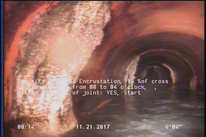 Deposits Attached Encrustation, 15 %of cross sectional area, from 08 to 04 o'clock, , within 8 inches of joint: YES, Start