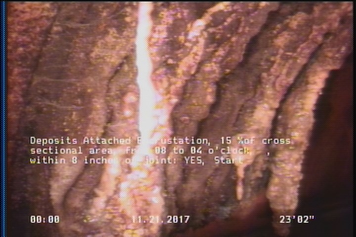 Deposits Attached Encrustation, 15 %of cross sectional area, from 08 to 04 o'clock, , within 8 inches of joint: YES, Start